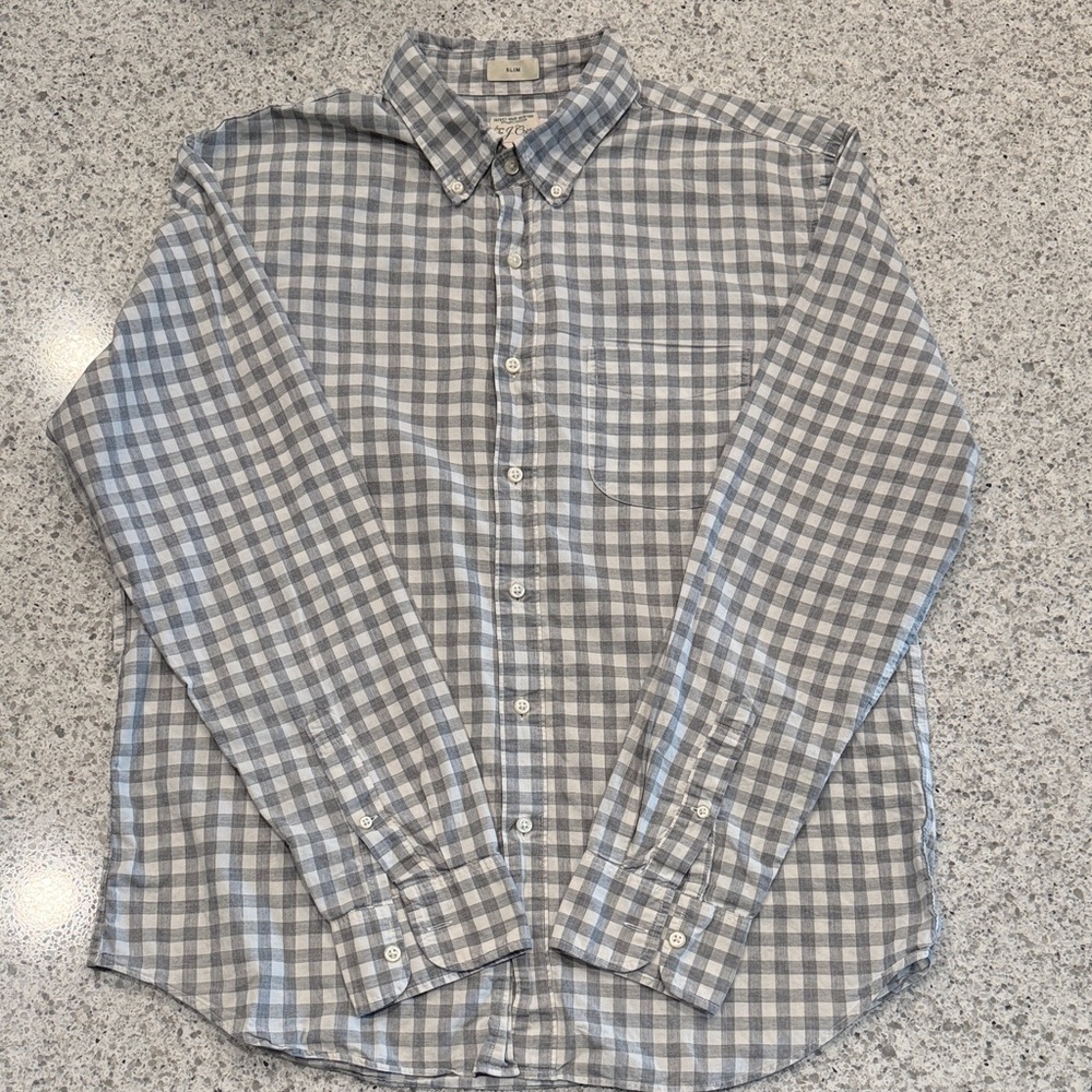 J. Crew Men's Grey/White Checkered Gingham 100% Organic Cotton Button Down Shirt